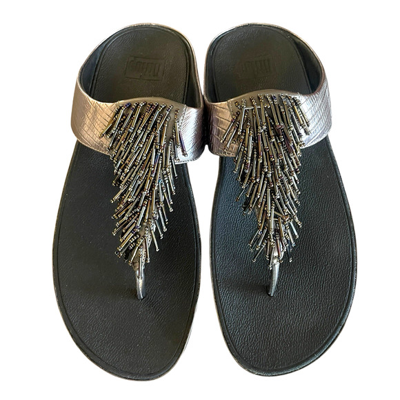 FITFLOP Womens US 10/EU 42 Beaded Pewter Slip-On Comfort Flip Flop Thong Sandals - Picture 2 of 7
